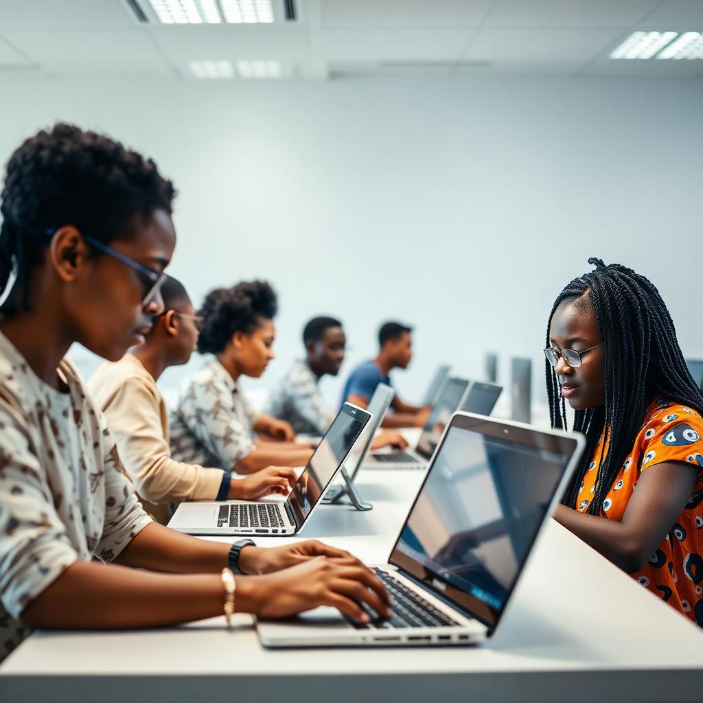 Students working on laptops in a modern computer lab